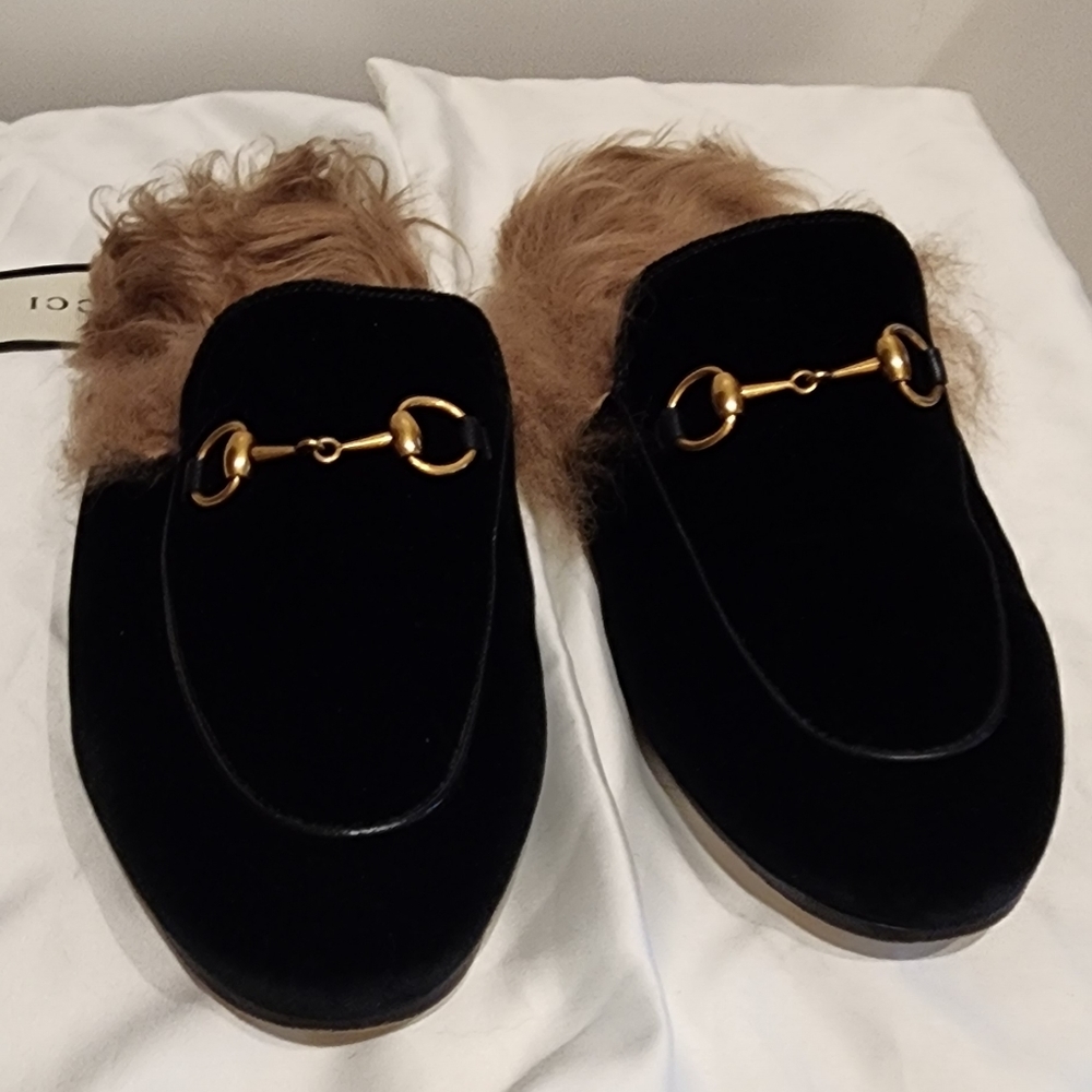 Gucci Black Fur Lined Loafers with Gold Accents